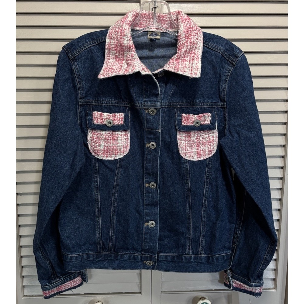 Shaver Lake Dark Wash Denim/Pink Tweed Jacket Small Pockets Button Up Collar NWT